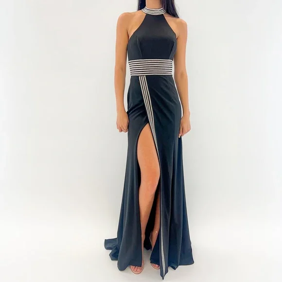 blue dress for baby girl Frida Black Satin Halter-Neck Backless Maxi Dress – Club L London main image 1